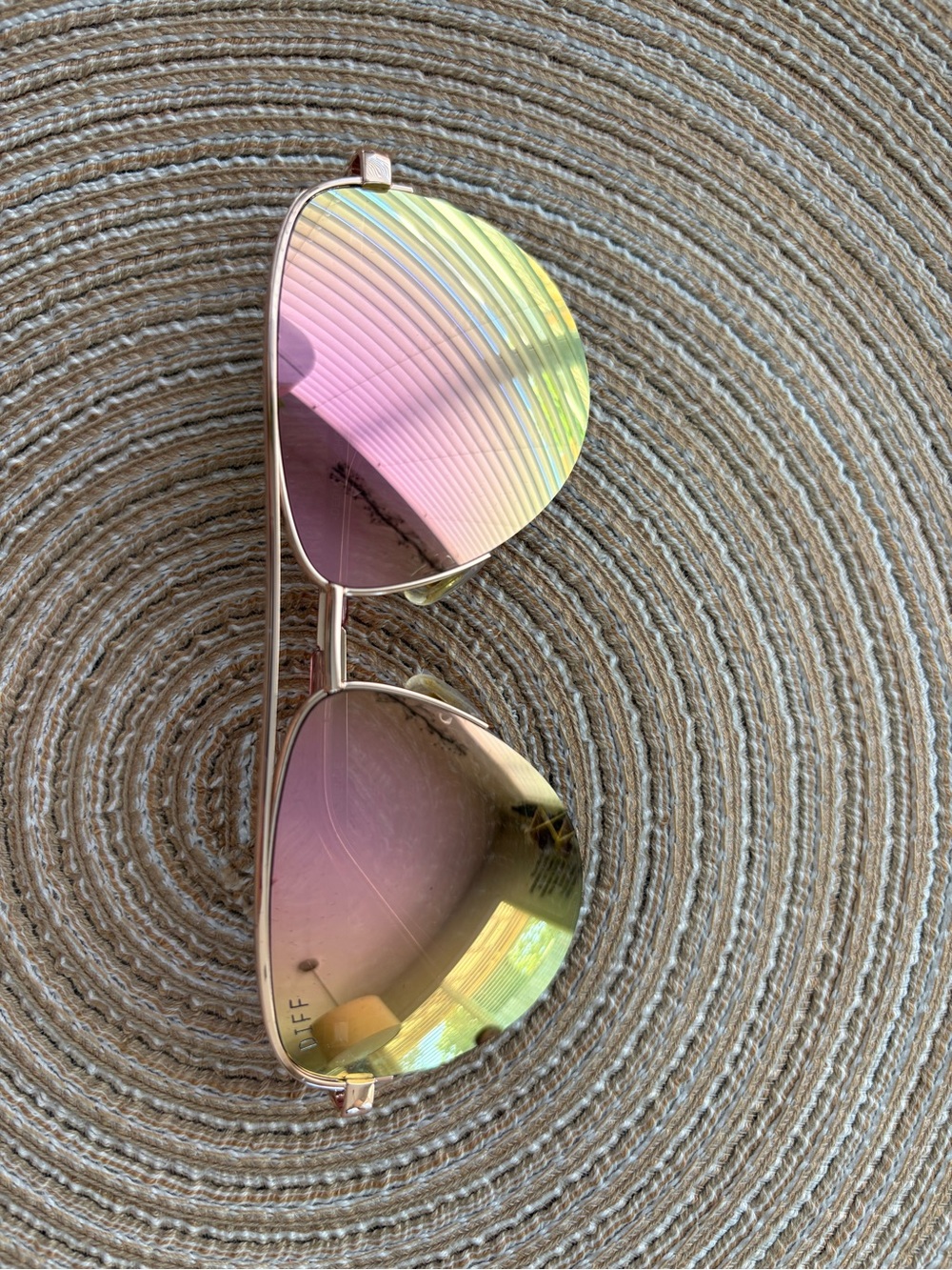 Diff Eyewear Gold Frame Sunglasses with Pink and Yellow Mirrored Lenses